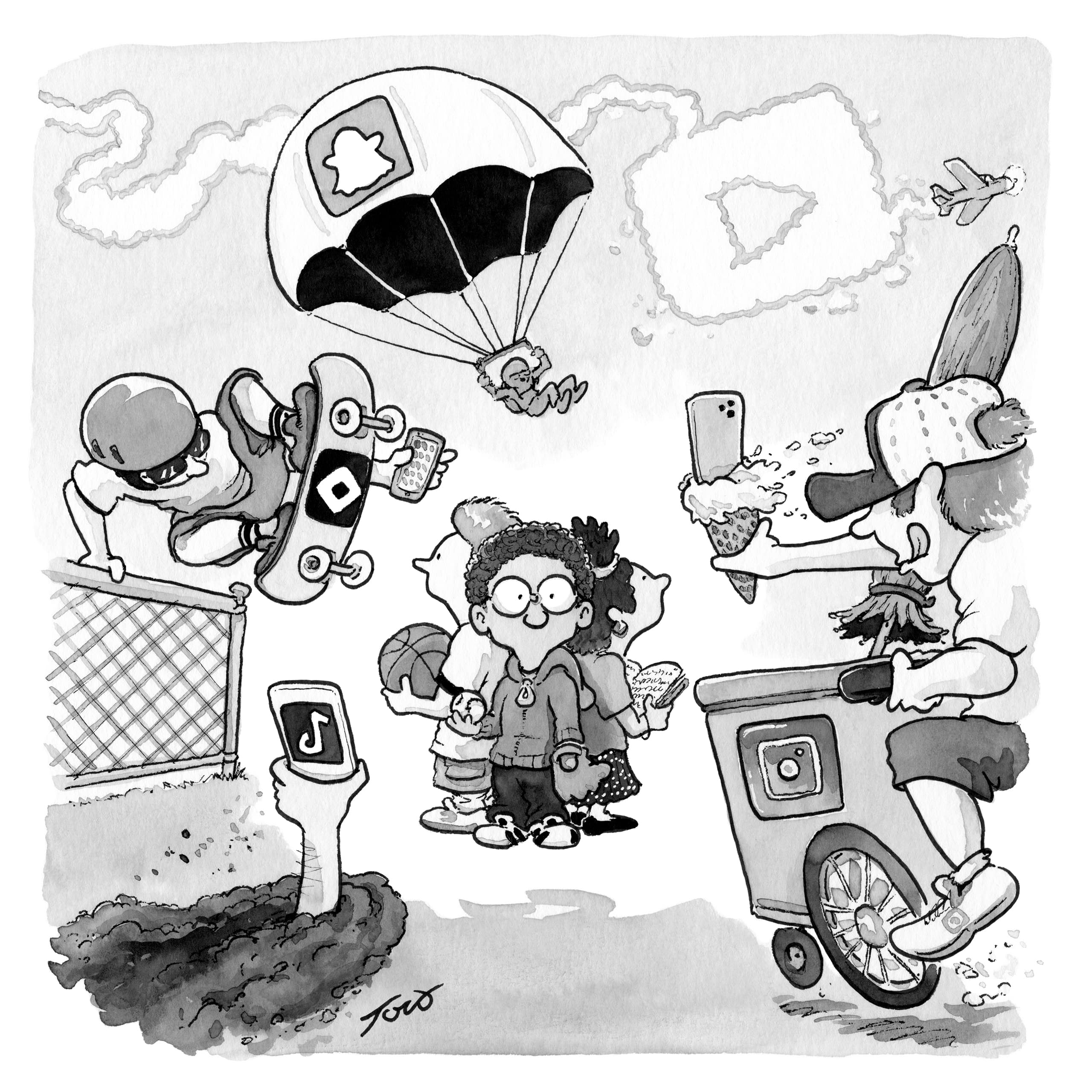 Cartoon illustrating tech companies scrambling as states consider protections for kids